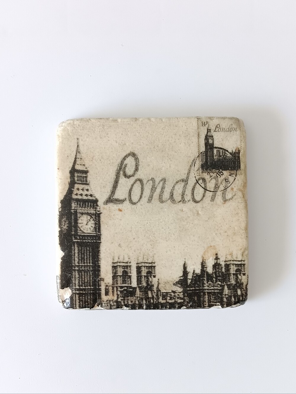 London England Marble Coaster Cork Back 3.5" Square Black Ivory Gifts